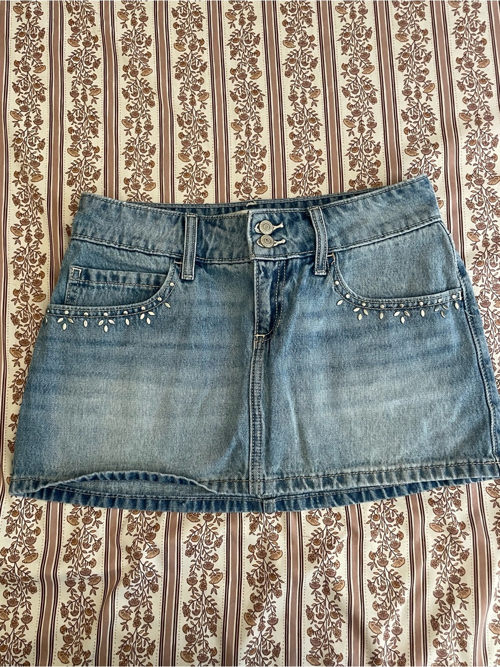 Hollister Light Blue Denim Mini Skirt with Stud Embellishments